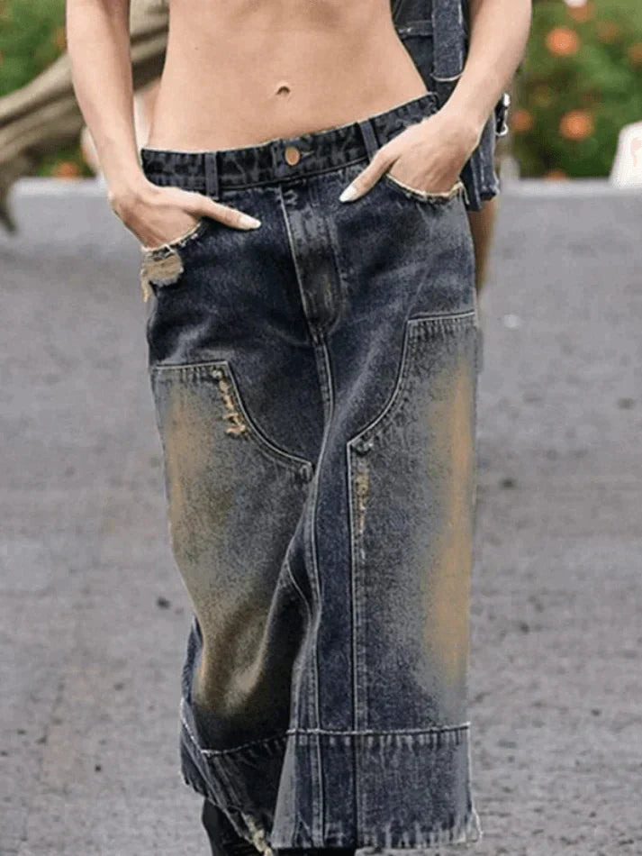 Vintage Patchwork Distressed Long Denim Skirt