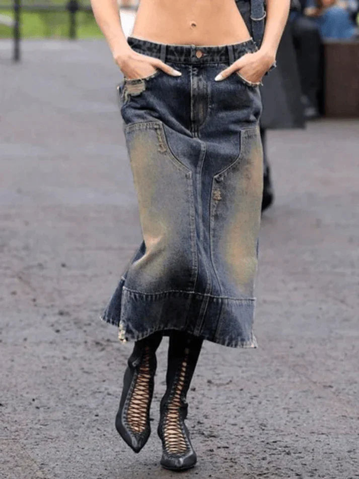 Vintage Patchwork Distressed Long Denim Skirt