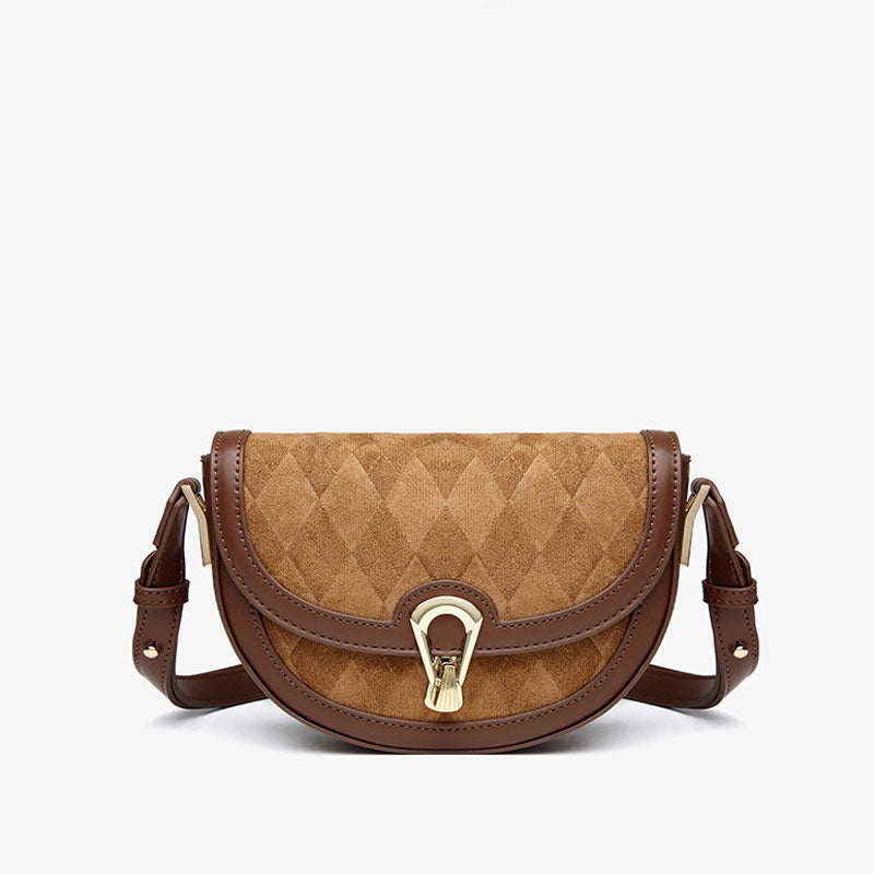Vintage Suede Argyle Pattern Crossbody Saddle Bag - Brown