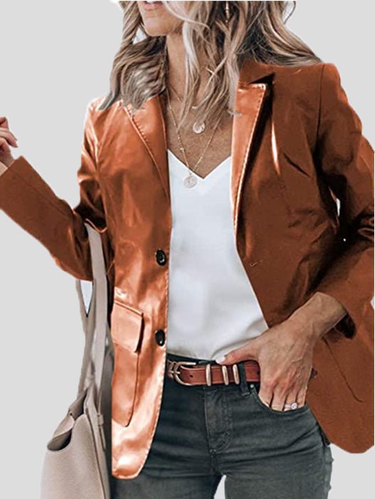 Lapel PU Leather Long Sleeve Blazers