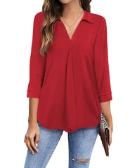 Collared V Neck Casual Loose Blouse