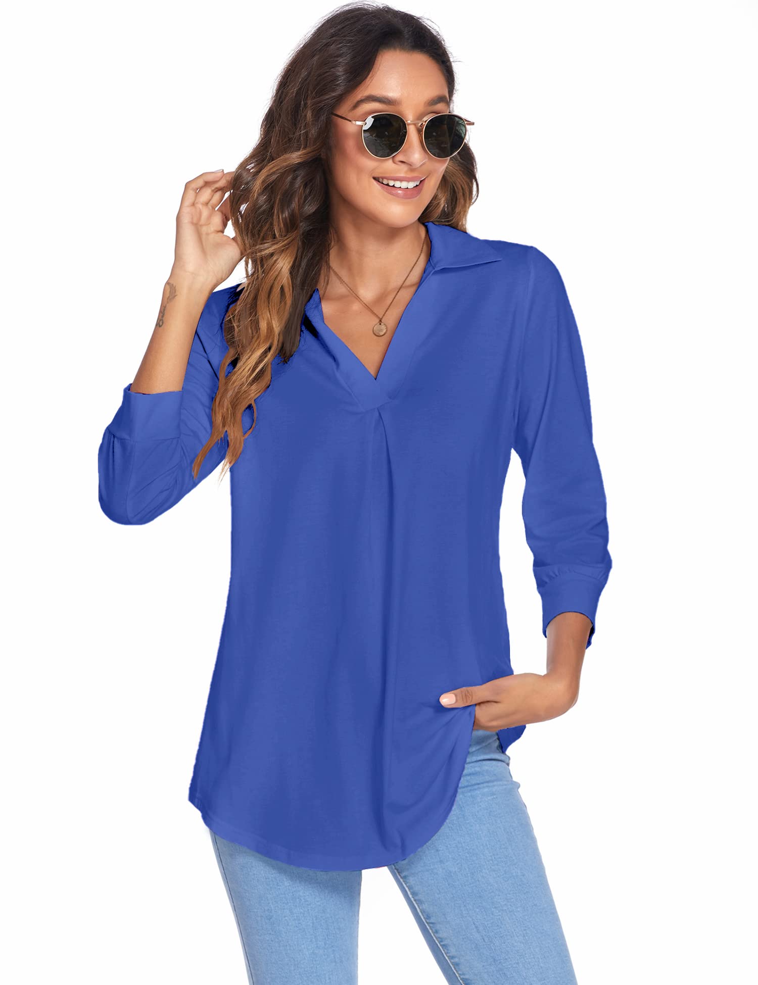 Collared V Neck Casual Loose Blouse
