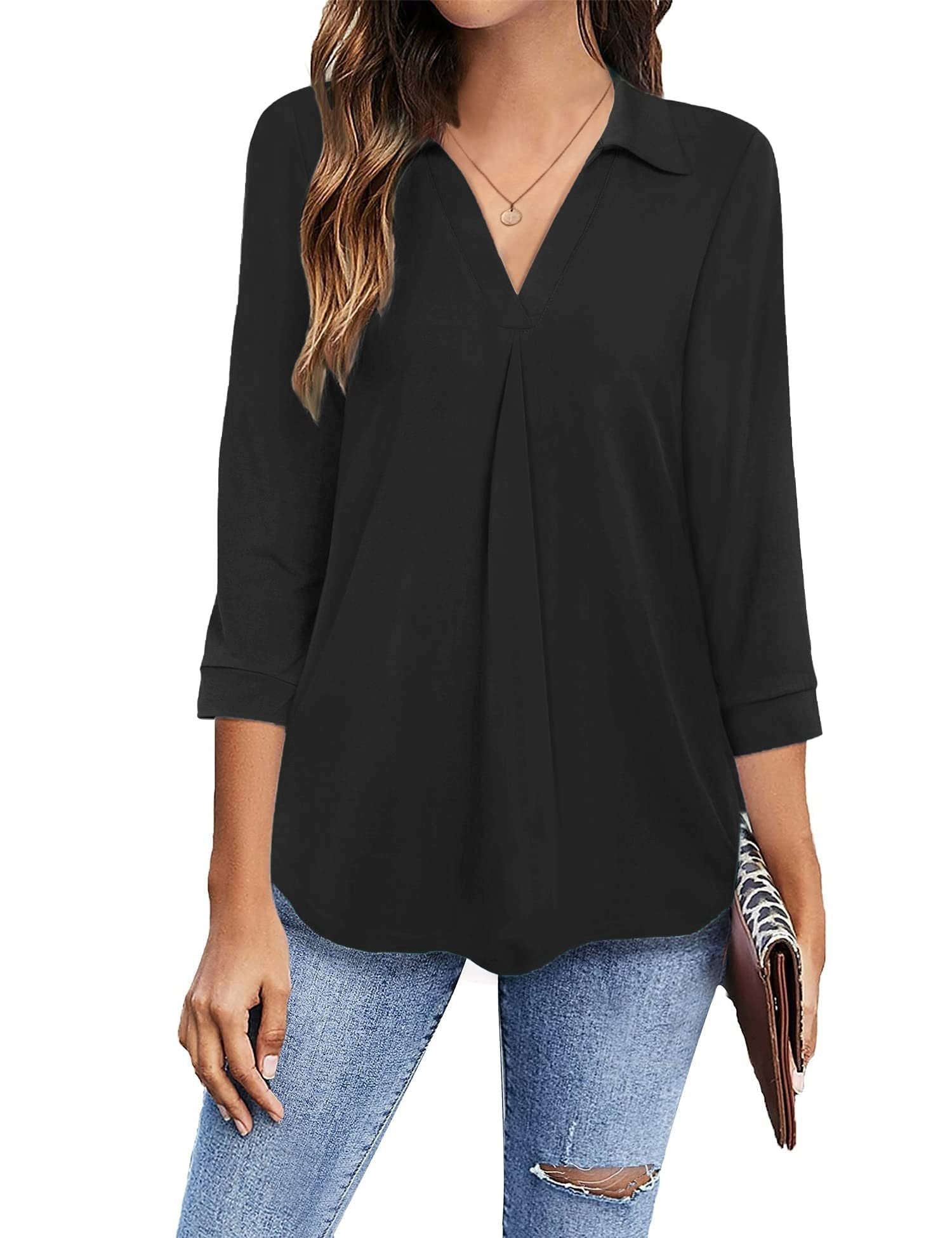 Collared V Neck Casual Loose Blouse