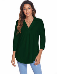 Collared V Neck Casual Loose Blouse