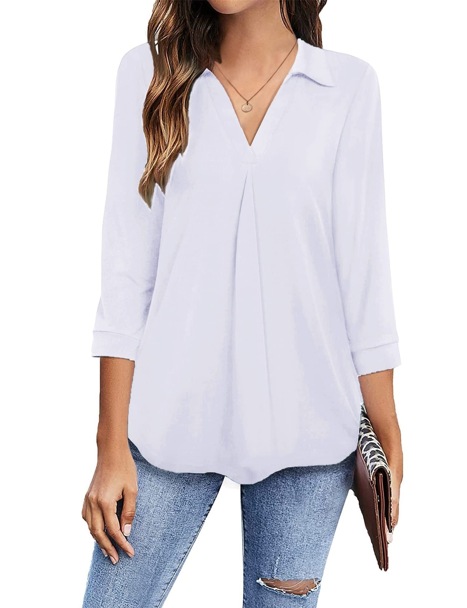 Collared V Neck Casual Loose Blouse