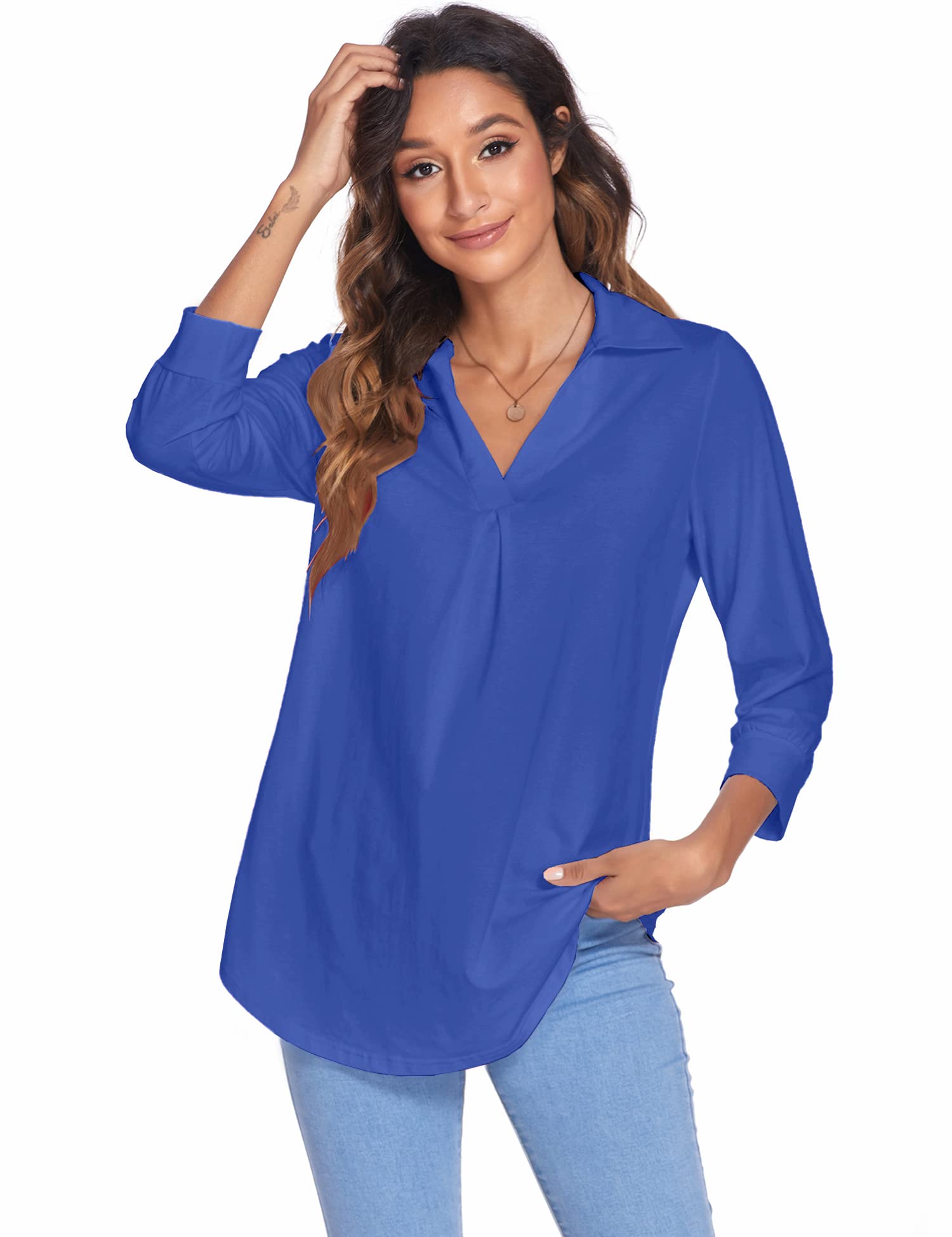 Collared V Neck Casual Loose Blouse