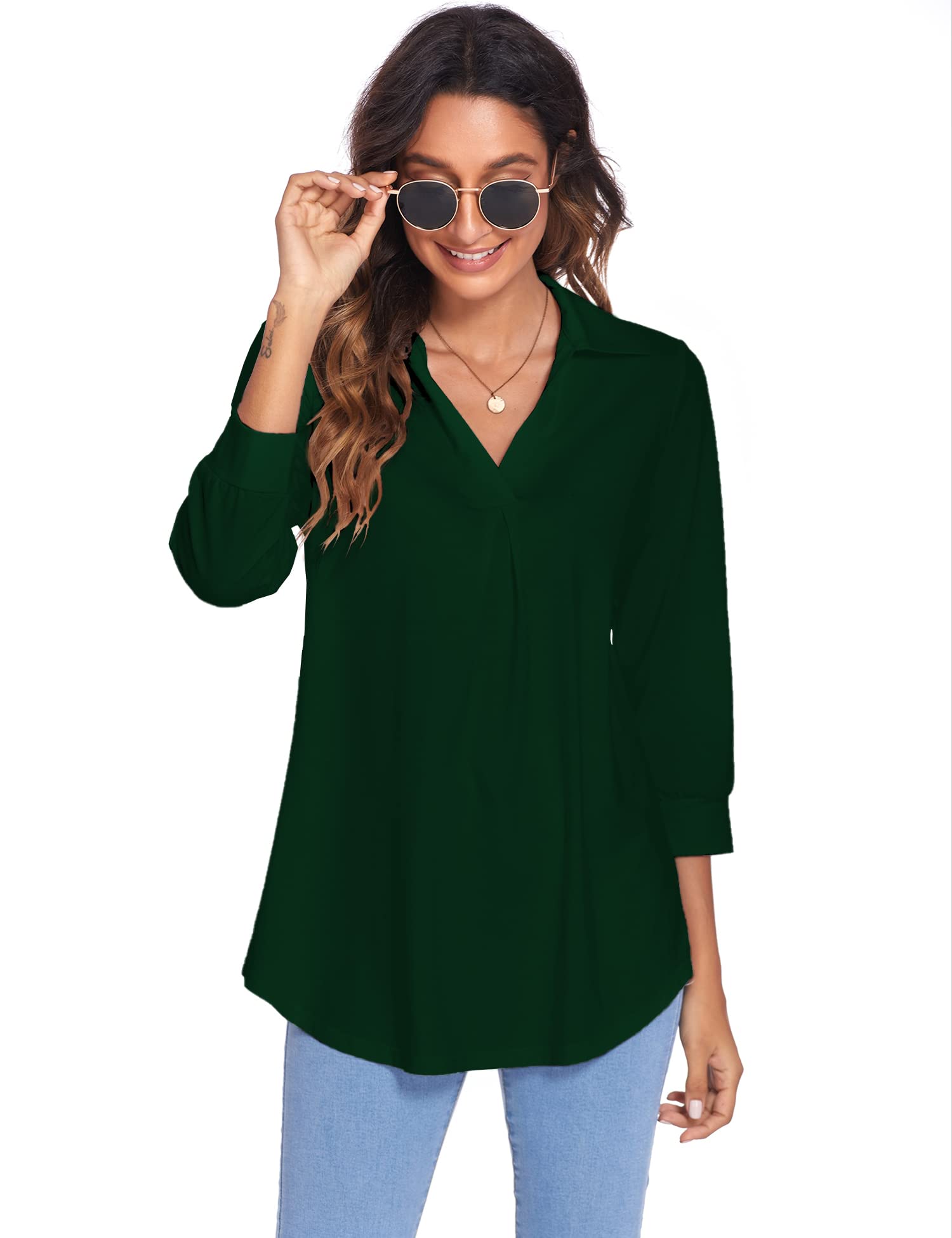 Collared V Neck Casual Loose Blouse