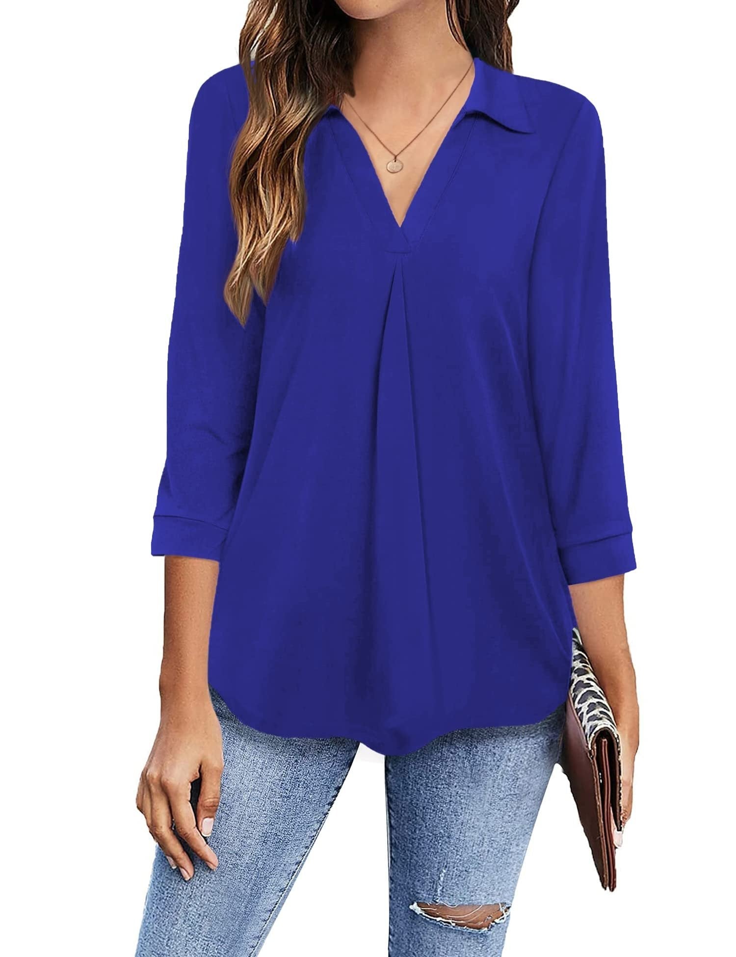 Collared V Neck Casual Loose Blouse