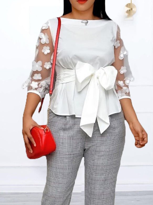 Jacquard Mesh Panel Tie Bow Blouse