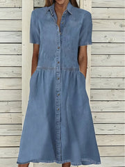 Casual Lapel Button Pocket Denim Dress - V-Neck - Drop Shoulder - A-Line - Closed - Peasant -  Panelet