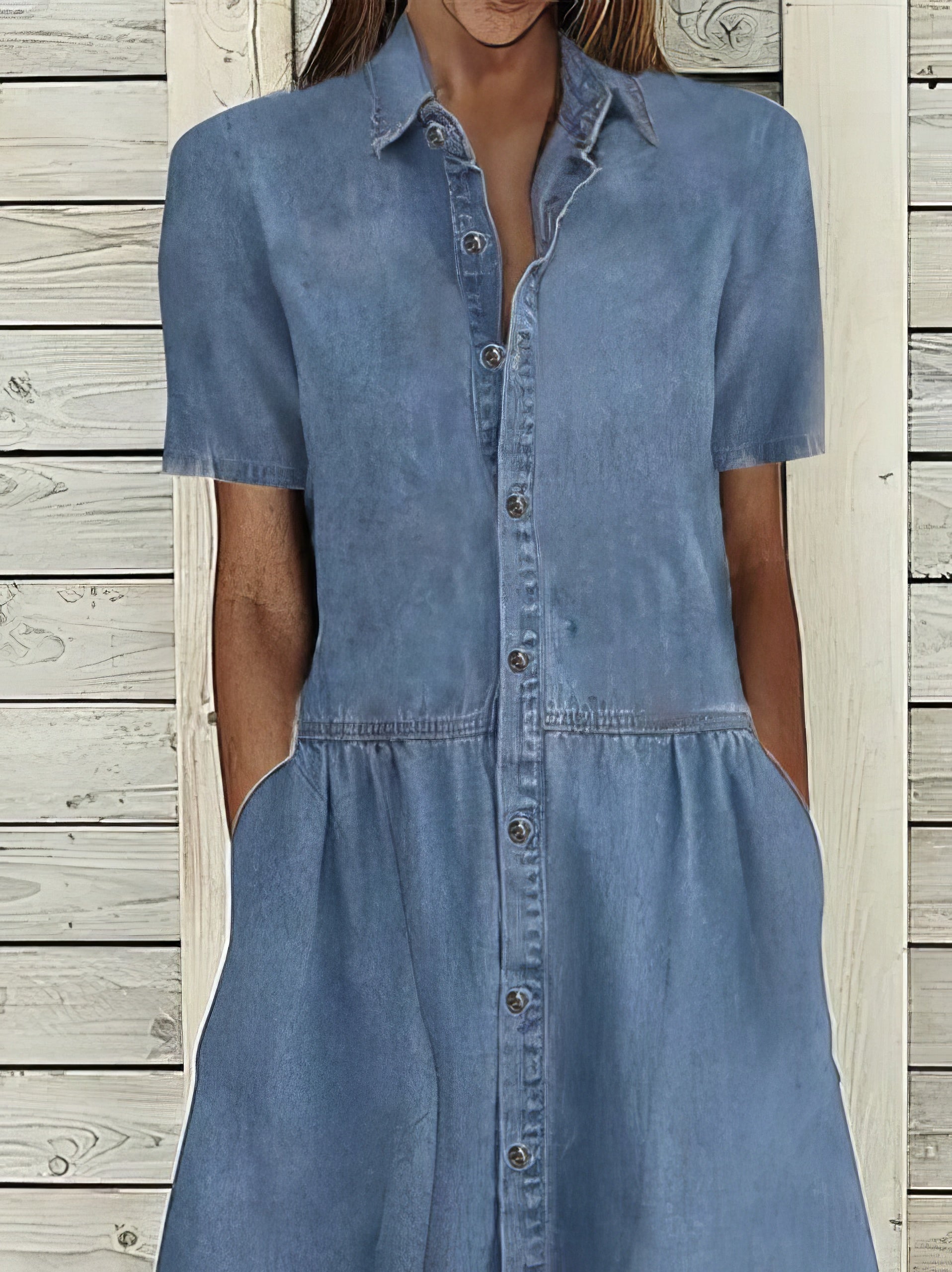 Casual Lapel Button Pocket Denim Dress - V-Neck - Drop Shoulder - A-Line - Closed - Peasant -  Panelet