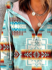 Vintage Print Half-Zip Long Sleeve Hoody