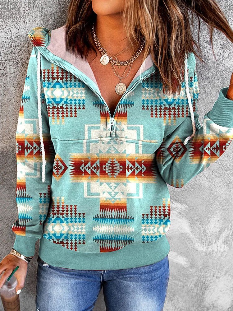 Vintage Print Half-Zip Long Sleeve Hoody