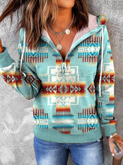 Vintage Print Half-Zip Long Sleeve Hoody