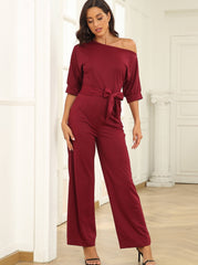 Sloping Shoulder Pocket Lace Up Jumpsuit