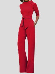 Solid Five-Point Sleeve Belted Wide-Leg Jumpsuit