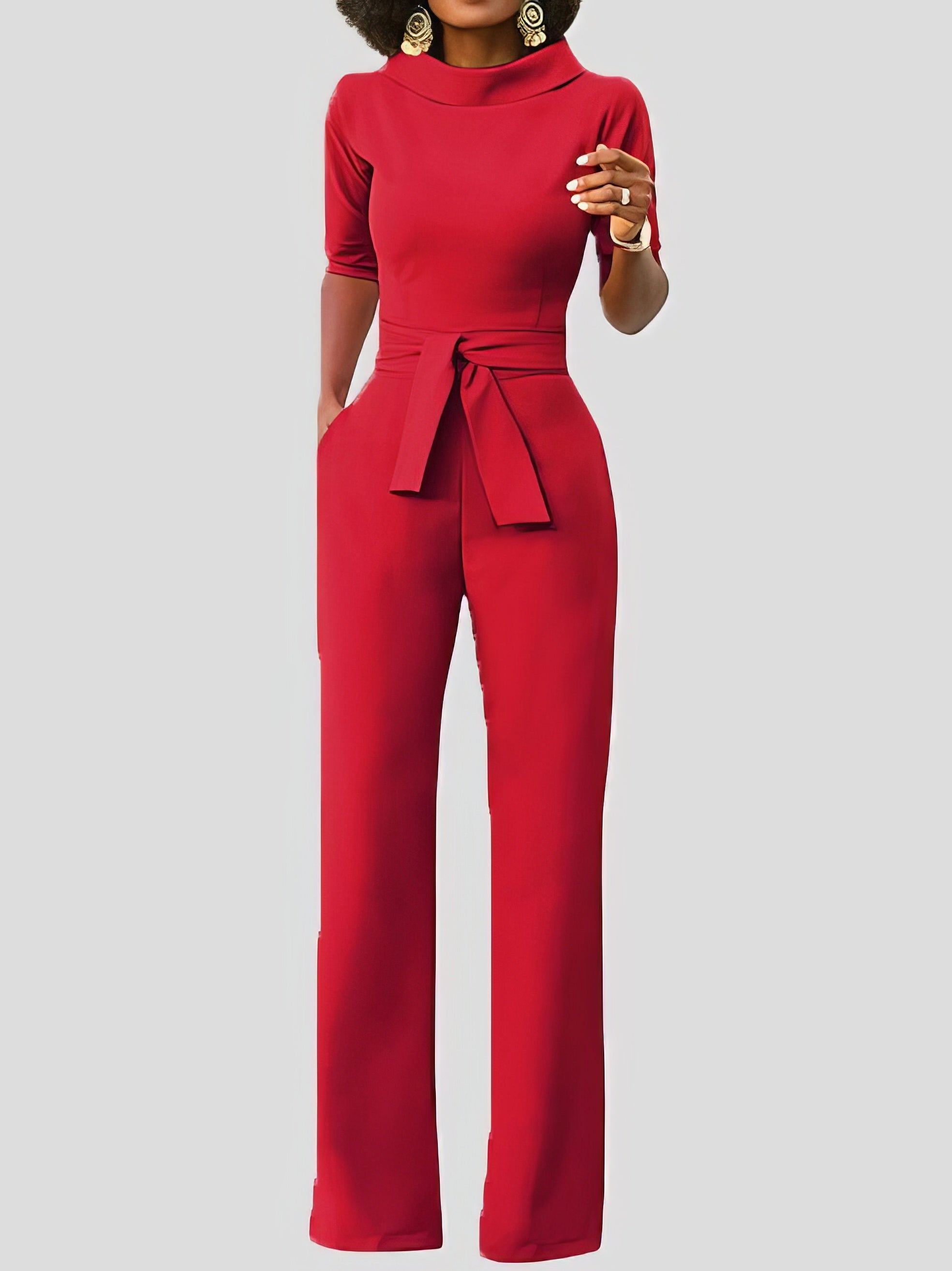 Solid Five-Point Sleeve Belted Wide-Leg Jumpsuit