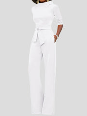 Solid Five-Point Sleeve Belted Wide-Leg Jumpsuit