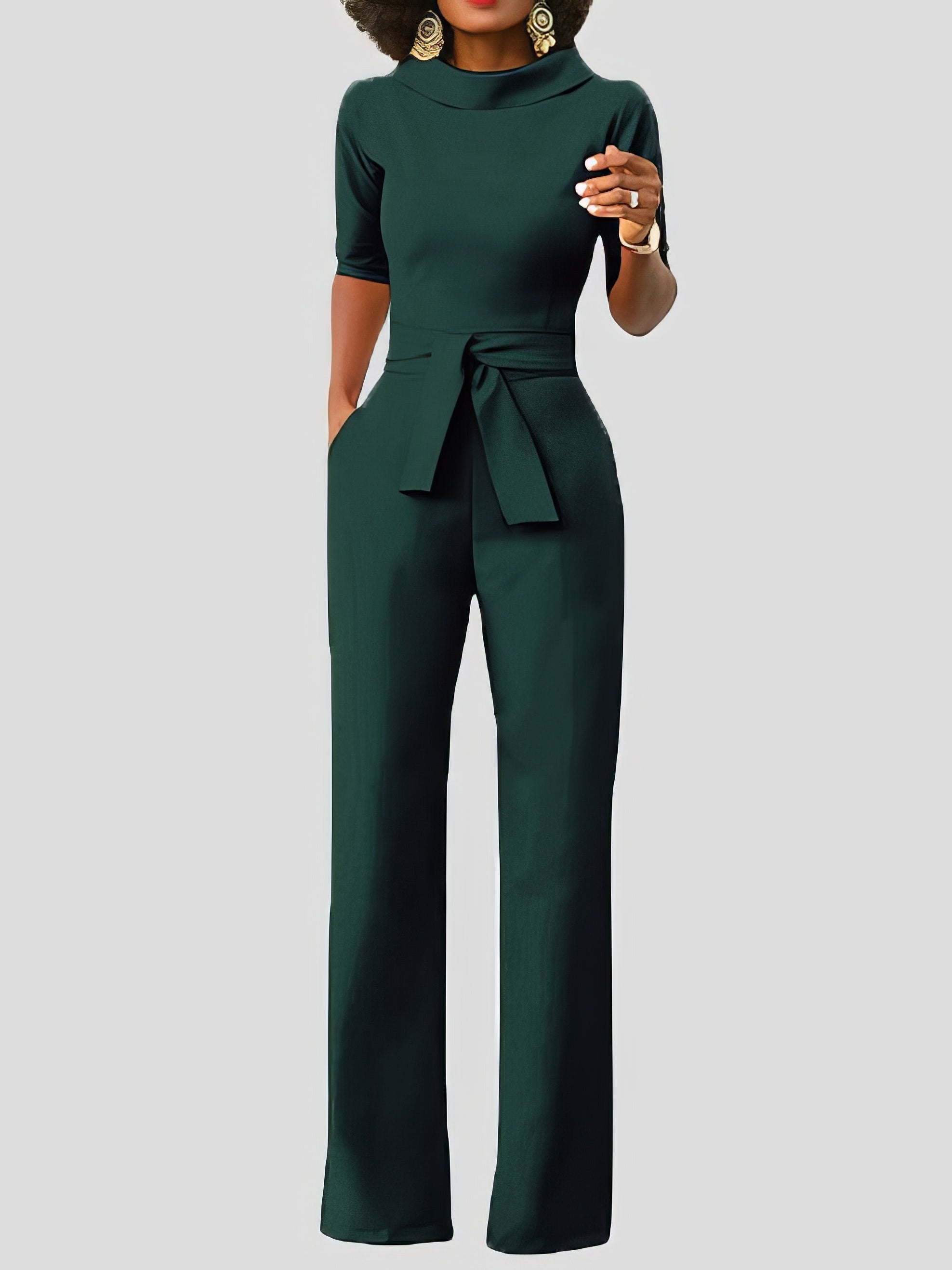 Solid Five-Point Sleeve Belted Wide-Leg Jumpsuit