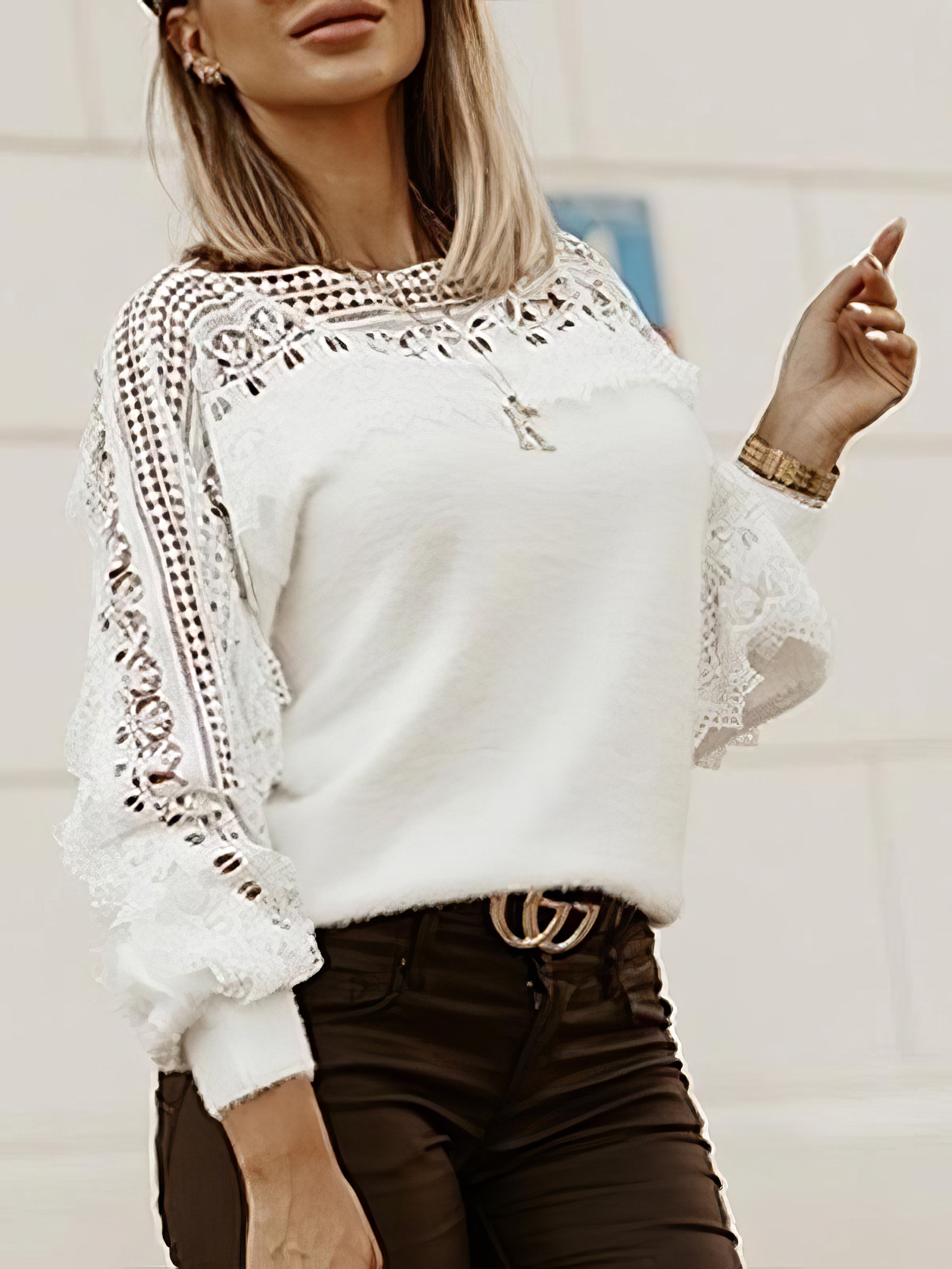 Hollow Pattern Lace Stitching Lantern Sleeve Sweater