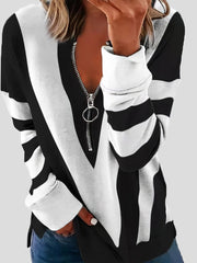 Zipper V-Neck Striped Printed Long Sleeve T-Shirt